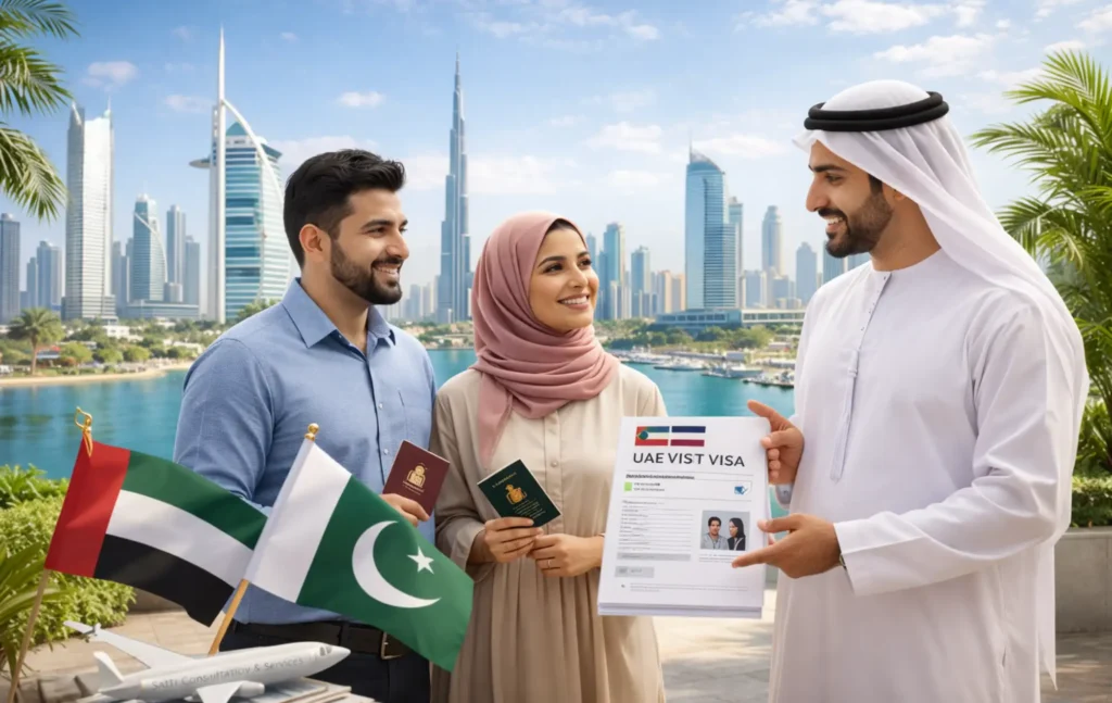 uae visit visa consultation dubai skyline pakistani couple